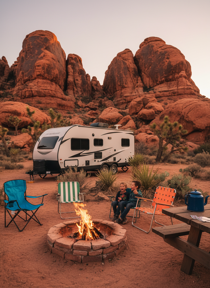 An outdoor RV campsite scene where a compact, modern travel trailer is nestled among towering red rock formations and scrubby desert plants. In front of the RV, a circular firepit surrounded by three mismatched, colorful camping chairs frames a small crackling campfire, its orange flames and occasional sparks reaching upward. Nearby, a weathered wooden picnic table holds an enamel kettle and a scattered deck of playing cards. The setting sun bathes the rocks and RV in vivid golden and coral hues, while the firelight adds a warm, flickering glow. Shot from a low angle with a medium depth of field, the composition leads the eye from the fire to the RV and into the dramatic landscape beyond, capturing a playful yet serene sense of off-grid family camping in photographic realism.