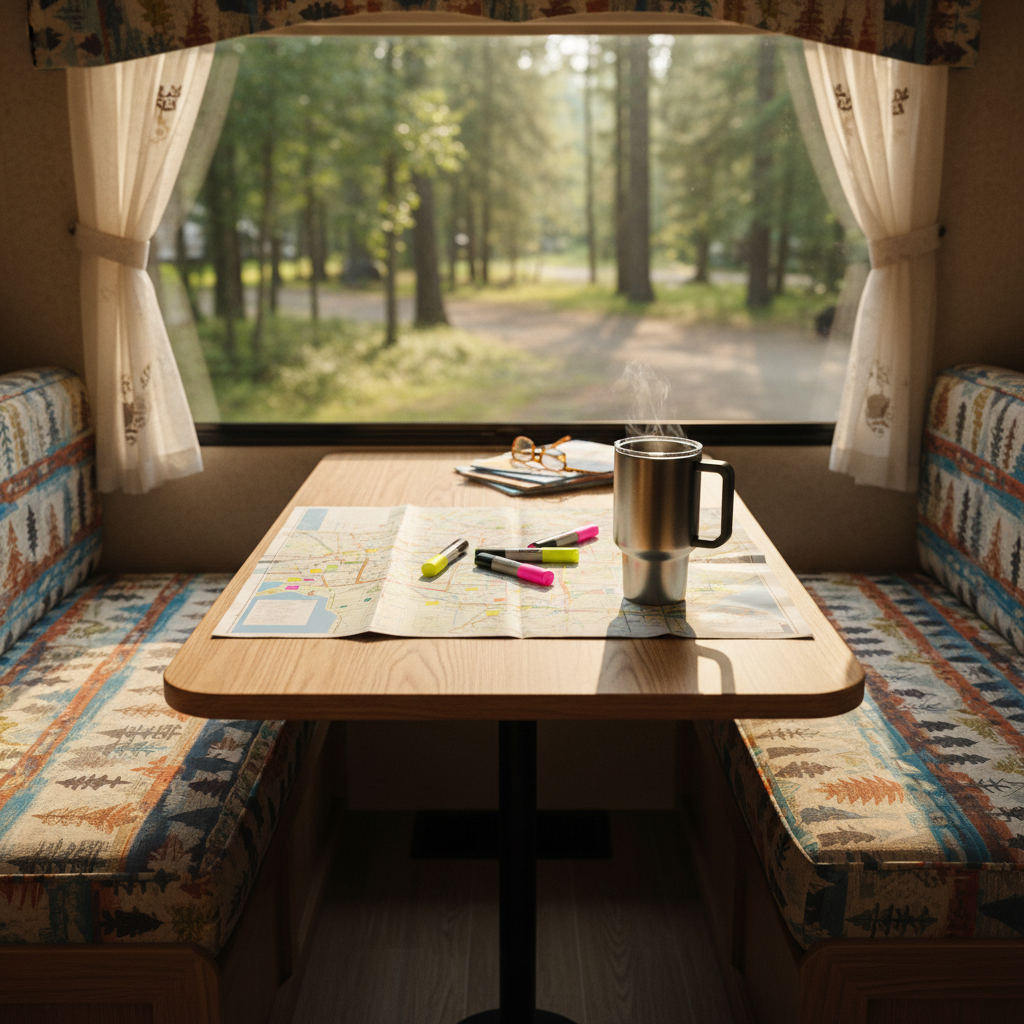 A cozy RV interior dining nook with a light oak table and cushioned bench seats upholstered in cheerful, patterned fabric, set against large windows framing a lush forest campground. On the table lies an unfolded, slightly wrinkled road atlas, color-coded highlighters, and a steaming stainless steel travel mug, its brushed metal surface catching the light. Warm, diffused afternoon sunlight filters through semi-sheer curtains, creating a dappled glow and soft shadows across the scene. Shot from a slightly elevated angle with a shallow depth of field, the focus is on the atlas and mug, while the outside trees blur into a dreamy backdrop. The photographic style feels playful, intimate, and inviting, capturing the planning moments that turn into big family adventures.