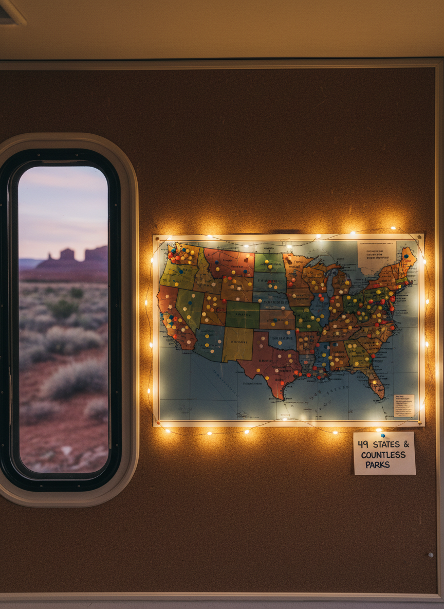 A colorful, slightly weathered U.S. wall map is pinned to a corkboard inside an RV, with tiny red, blue, and yellow pushpins marking dozens of stops across the country. A string of small battery-powered fairy lights loops casually around the edges of the map, adding a warm, whimsical glow. A narrow RV window beside the board reveals a blurred hint of desert landscape beyond. Soft evening light mixes with the gentle artificial glow, creating a cozy, reflective mood. Captured straight-on with sharp focus across the entire frame, the photographic image highlights textures of the cork, the glossy map paper, and the matte plastic pins, symbolizing a playful quest to visit 49 states and countless parks.