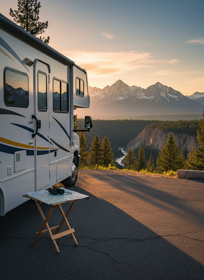 A gleaming white mid-sized RV with subtle navy and mustard striping is parked in the foreground of a sweeping national park overlook, its windows reflecting distant snow-capped mountains and dense pine forests. A colorful roadmap and a pair of binoculars rest on the small outdoor table beside the RV, hinting at ongoing adventures. Soft golden hour sunlight washes over the scene, warming the metallic surfaces and casting long, playful shadows. Captured at eye level with a wide-angle lens, the composition uses the rule of thirds to balance the RV on one side and the expansive landscape on the other. The photographic realism emphasizes crisp details and vibrant, inviting colors, creating an energetic yet cozy atmosphere of life on the road.